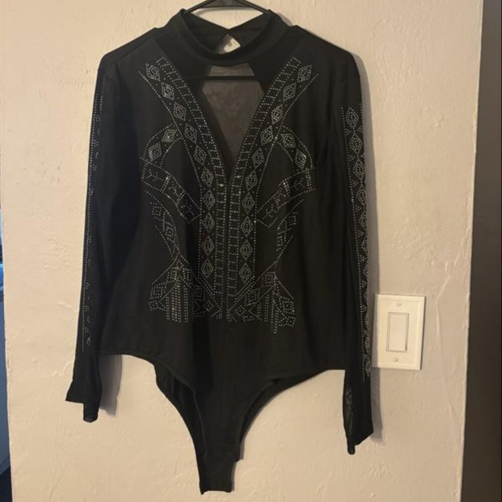 🖤 Black Rhinestone Mesh Bodysuit – 2XL – Sheer Cutout Statement Top - Picture 6 of 8
